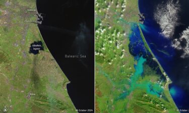 Satellite imagery taken on October 8 (before) and October 30 (after) show how much this week's flooding altered the landscape in east-central coastal Spain.