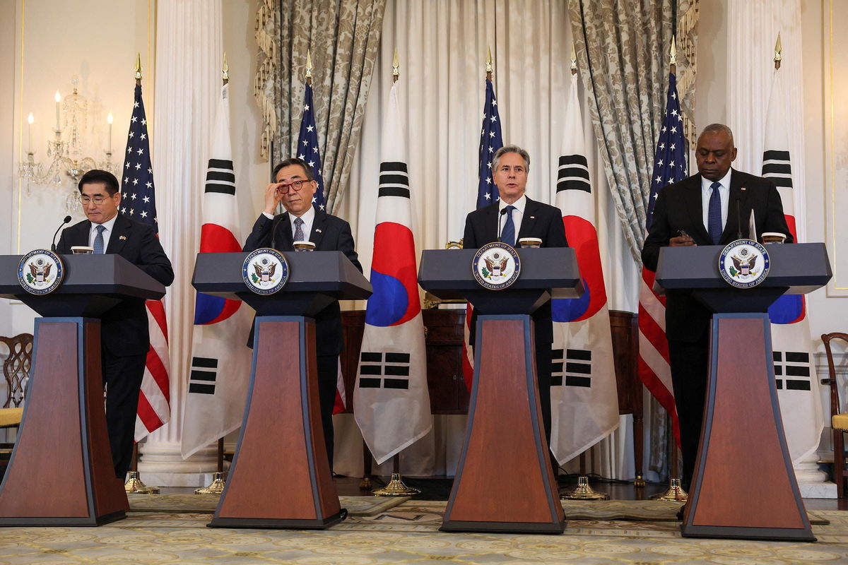 <i>Leah Millis/Reuters via CNN Newsource</i><br/>Secretary of State Antony Blinken and Defense Secretary Lloyd Austin hold a joint press conference with South Korean Foreign Minister Cho Tae-yul and Defense Minister Kim Yong-hyun during a 2+2 meeting