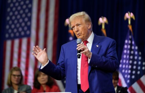 Republican presidential nominee former President Donald Trump speaks at a campaign town hall at the Greater Philadelphia Expo Center & Fairgrounds