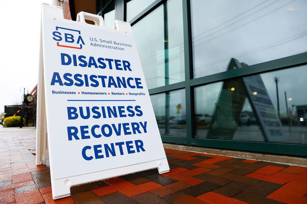 <i>Julia Nikhinson/AP/File via CNN Newsource</i><br/>A sign for a Small Business Administration business recover center following the collapse of the Francis Scott Key Bridge April 2 in Baltimore.