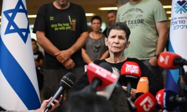 Yocheved Lifshitz speaks to the media outside Ichilov Hospital in Tel Aviv