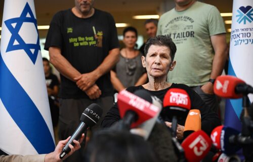 Yocheved Lifshitz speaks to the media outside Ichilov Hospital in Tel Aviv