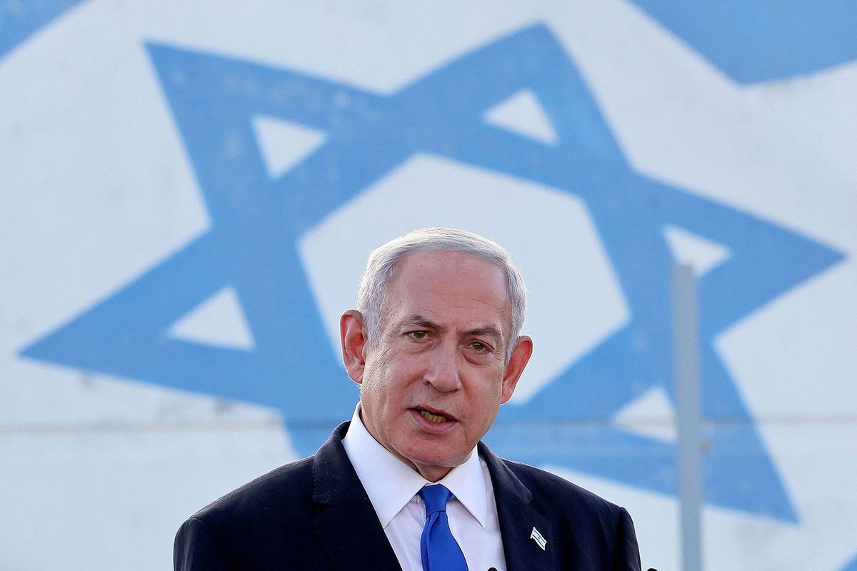 <i>Jack Guez/AFP/Getty Images via CNN Newsource</i><br/>Israeli Prime Minister Benjamin Netanyahu delivers a speech near the city of Rishon LeZion