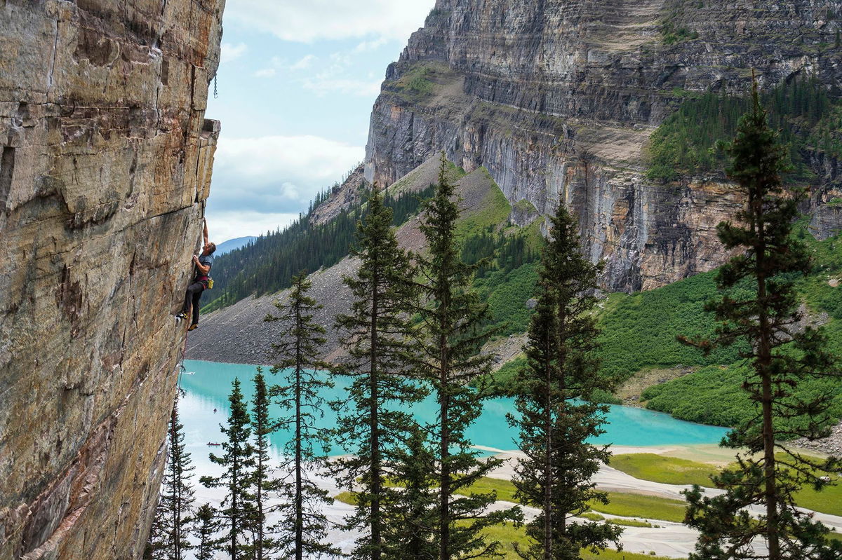 <i>Taylor Shaffer/National Geographic via CNN Newsource</i><br/>Tommy Caldwell climbing above Lake Louise in Banff National Park in Canada.