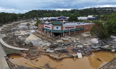 A drone view shows a damaged area