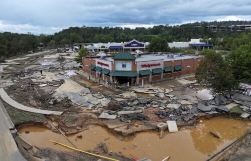 A drone view shows a damaged area