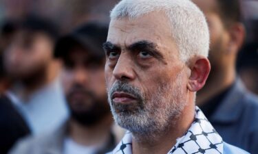 Yahya Sinwar looks on as Hamas supporters take part in an anti-Israel rally over tension in Jerusalem's Al-Aqsa mosque