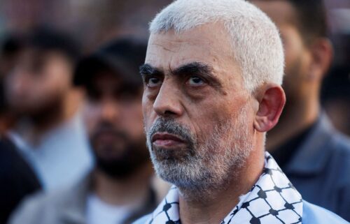 Yahya Sinwar looks on as Hamas supporters take part in an anti-Israel rally over tension in Jerusalem's Al-Aqsa mosque