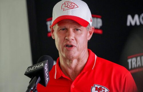 Hunt speaks to media at a Chiefs training camp earlier this year.