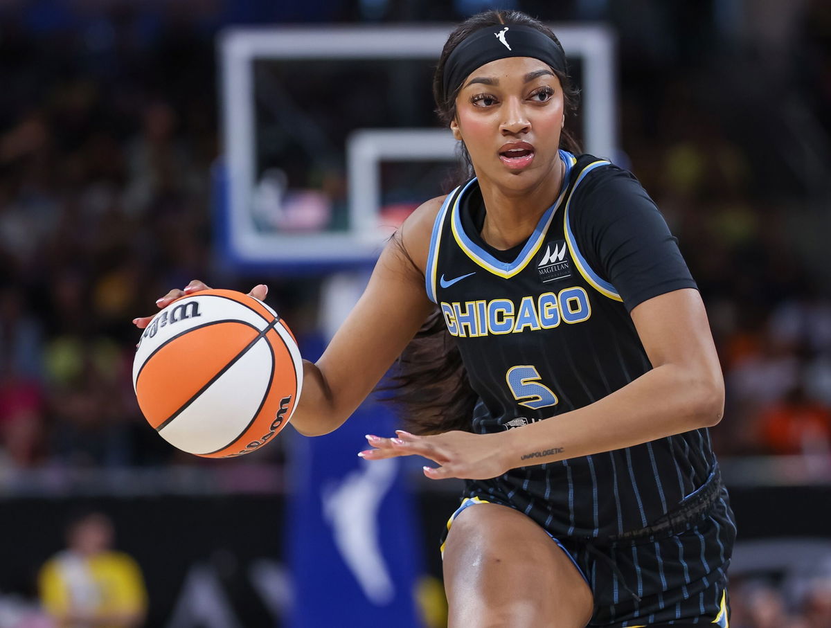 <i>Michael Hickey/Getty Images via CNN Newsource</i><br/>Chicago Sky star rookie Angel Reese brings the ball up court during the game against the Indiana Fever at Wintrust Arena on August 30 in Chicago.