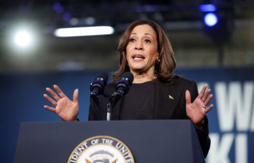 Harris speaks at a campaign event in Waterford Township