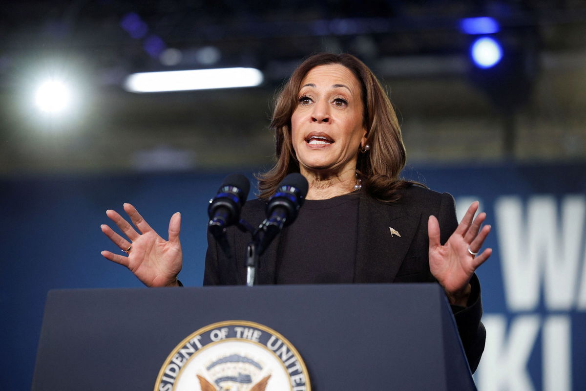 <i>Rebecca Cook/Reuters via CNN Newsource</i><br/>Harris speaks at a campaign event in Waterford Township