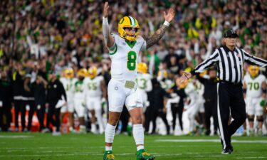 Oregon Ducks quarterback Dillon Gabriel celebrates against the Purdue Boilermakers.