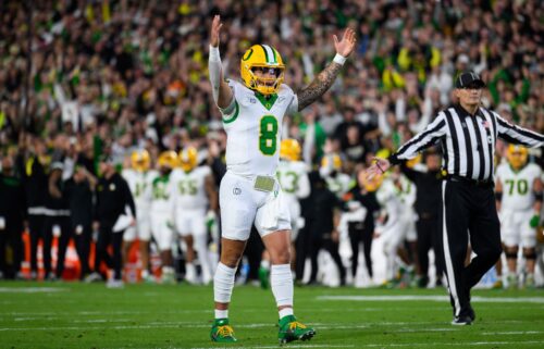 Oregon Ducks quarterback Dillon Gabriel celebrates against the Purdue Boilermakers.