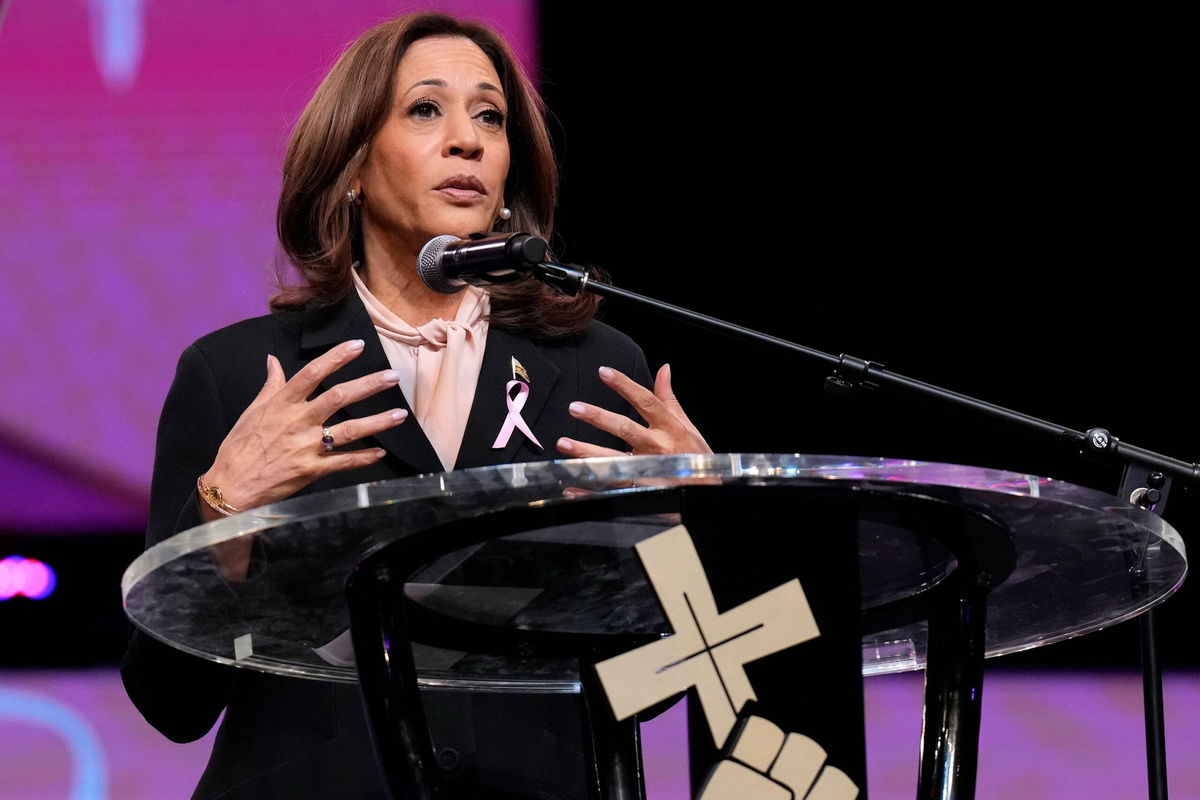 <i>Jacquelyn Martin/AP via CNN Newsource</i><br/>Vice President Kamala Harris speaks at a church service at New Birth Missionary Baptist Church in Stonecrest