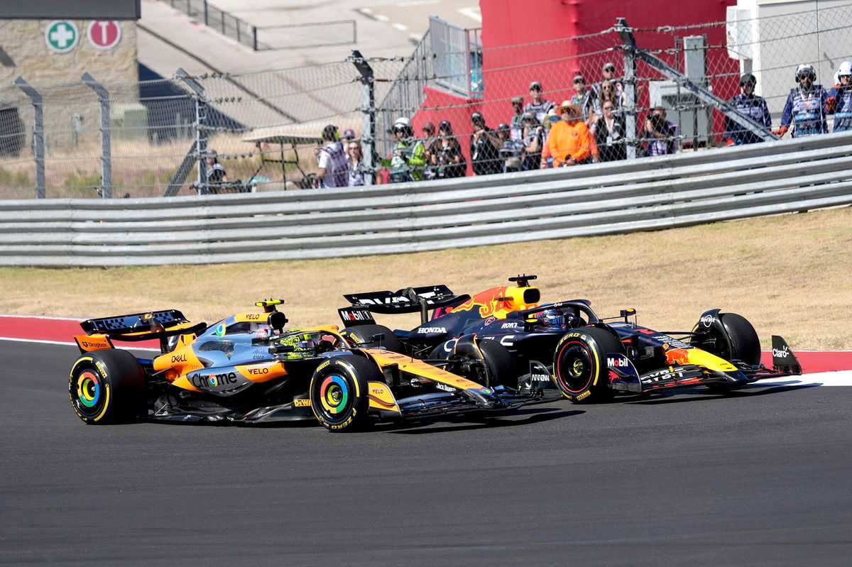 <i>Eric Gay/AP via CNN Newsource</i><br/>Norris (left) and Verstappen race through a turn during the US Grand Prix.