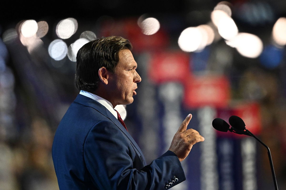 <i>Leon Neal/Getty Images via CNN Newsource</i><br/>Florida Gov. Ron DeSantis speaks at the Republican National Convention on July 16 in Milwaukee