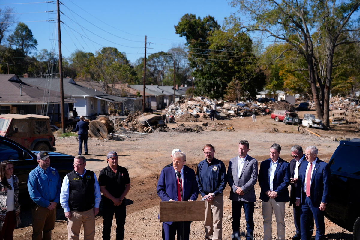 <i>Evan Vucci/AP via CNN Newsource</i><br/>Former President Donald Trump delivers remarks on the damage and federal response to Hurricane Helene on October 21 in Swannanoa