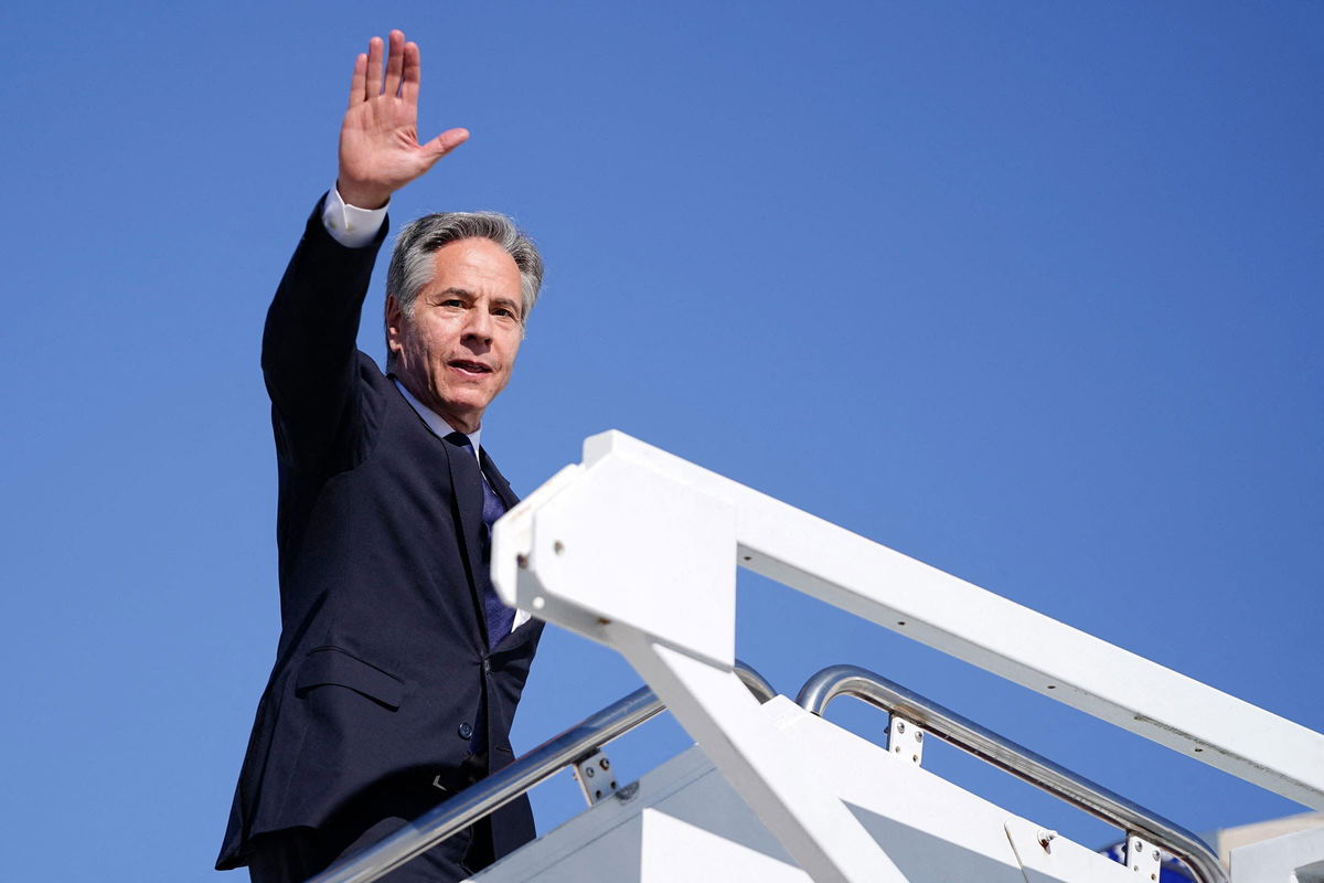 <i>Nathan Howard/Pool/Getty Images via CNN Newsource</i><br/>US Secretary of State Antony Blinken boards a plane as he departs Joint Base Andrews