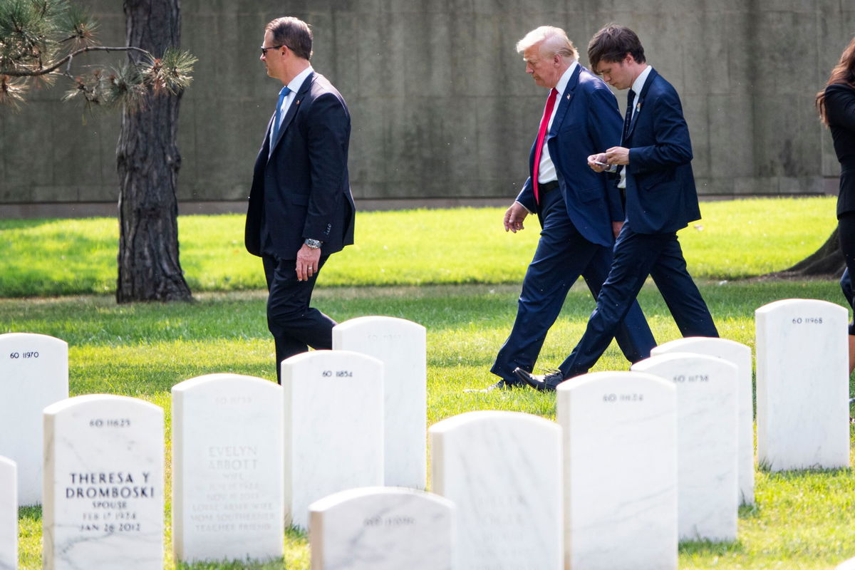 <i>Kevin Carter/Getty Images/File via CNN Newsource</i><br/>Republican presidential nominee former President Donald Trump leaves Arlington National Cemetery after he attended a ceremony honoring the lives of those who died at the Abbey Gate Bombing