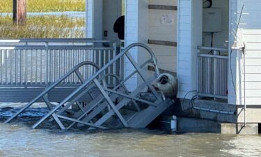 A portion of the gangway that collapsed Saturday afternoon remains visible on Sapelo Island in McIntosh County