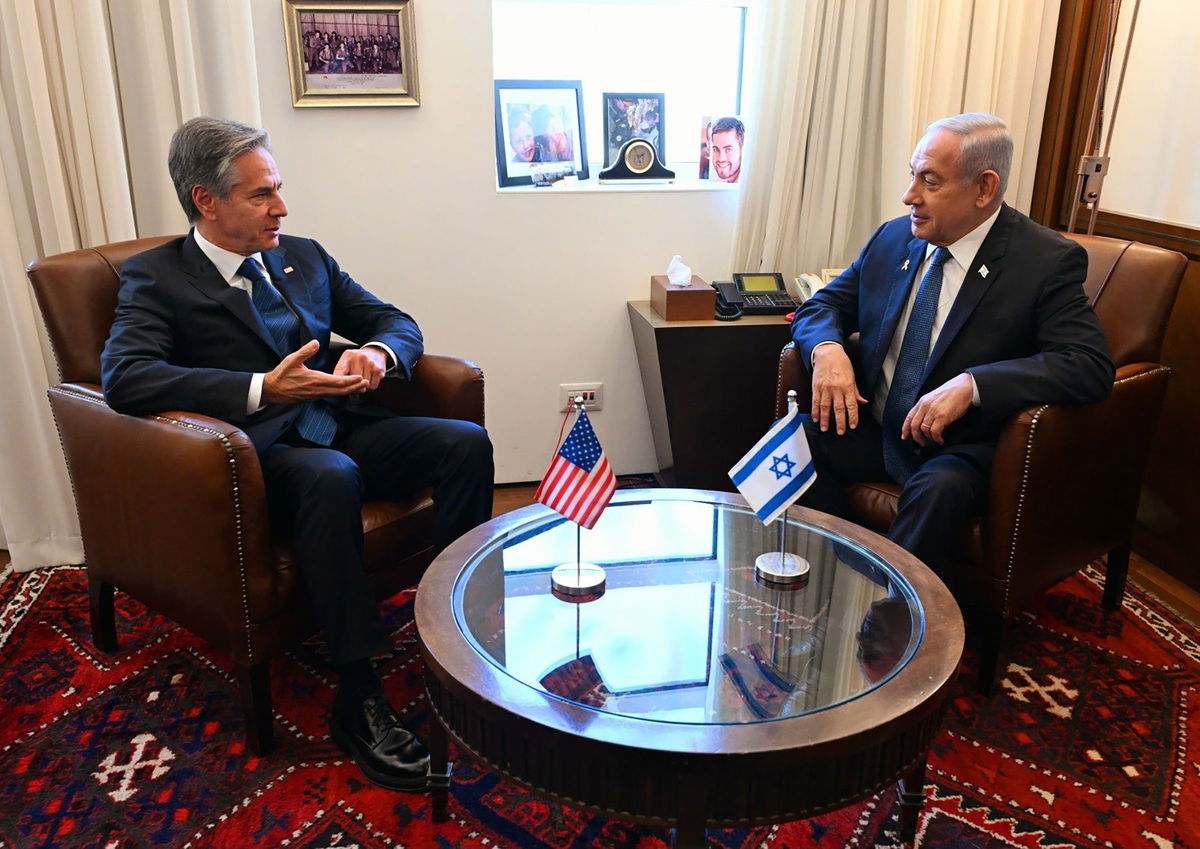 <i>From Haim Tzach/Israeli Prime Minister's Office via CNN Newsource</i><br/>This handout image from the Israeli Prime Minister's Office shows Israel Prime Minister Benjamin Netanyahu meeting with US Secretary of State Antony Blinken in Jerusalem on October 22.