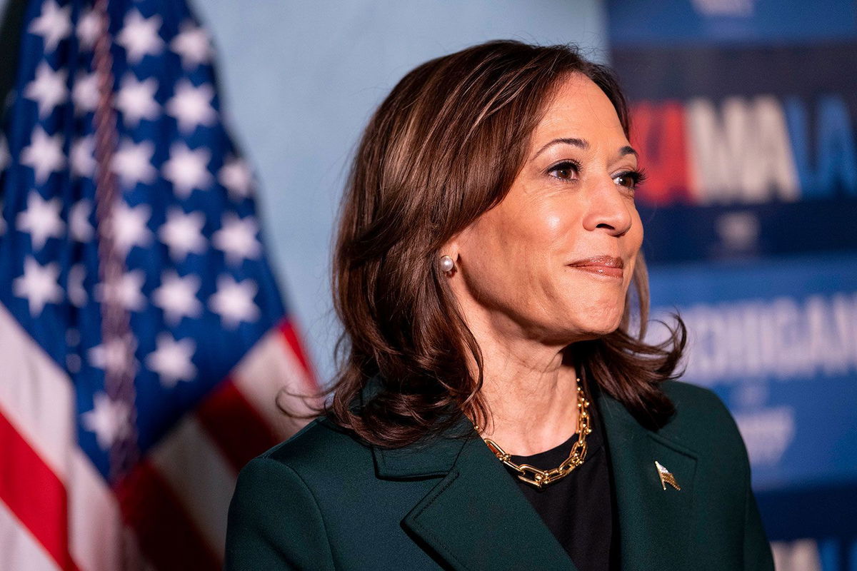 <i>Sarah Rice/Getty Images via CNN Newsource</i><br/>Vice President Kamala Harris answers questions from the press before a town hall with former Rep. Liz Cheney at the Royal Oak Music Theatre on October 21