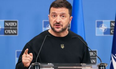 Ukraine's President Volodymyr Zelensky speaks during a press conference at the NATO headquarters in Brussels