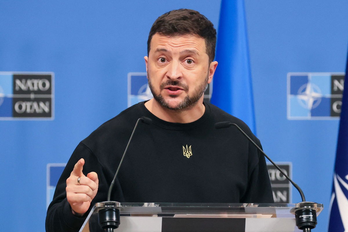 <i>François Walschaerts/AFP/Getty Images via CNN Newsource</i><br/>Ukraine's President Volodymyr Zelensky speaks during a press conference at the NATO headquarters in Brussels