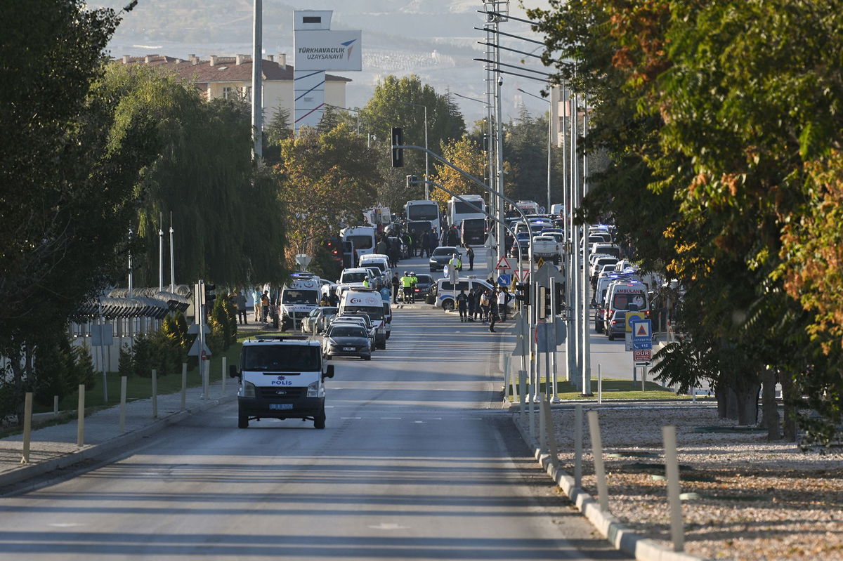 <i>Muhammed Abdullah Kurtar/Anadolu/Getty Images via CNN Newsource</i><br/>Emergency services respond to the attack at the Turkish Aerospace Industries in Ankara on Wednesday.