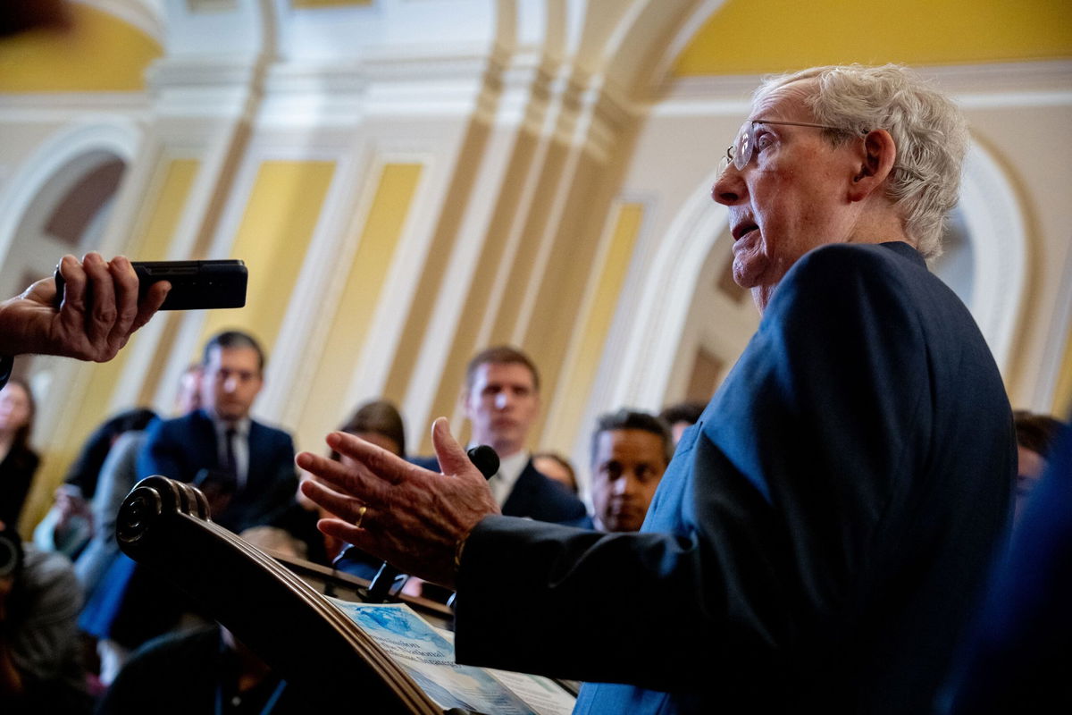 <i>Andrew Harnik/Getty Images via CNN Newsource</i><br/>Senate Minority Leader Mitch McConnell speaks during a news conference following a Senate Republican party policy luncheon on Capitol Hill in Washington