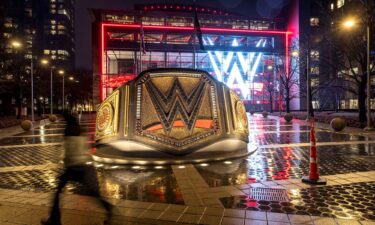 A WWE logo shines from the WWE wrestling world headquarters on January 28