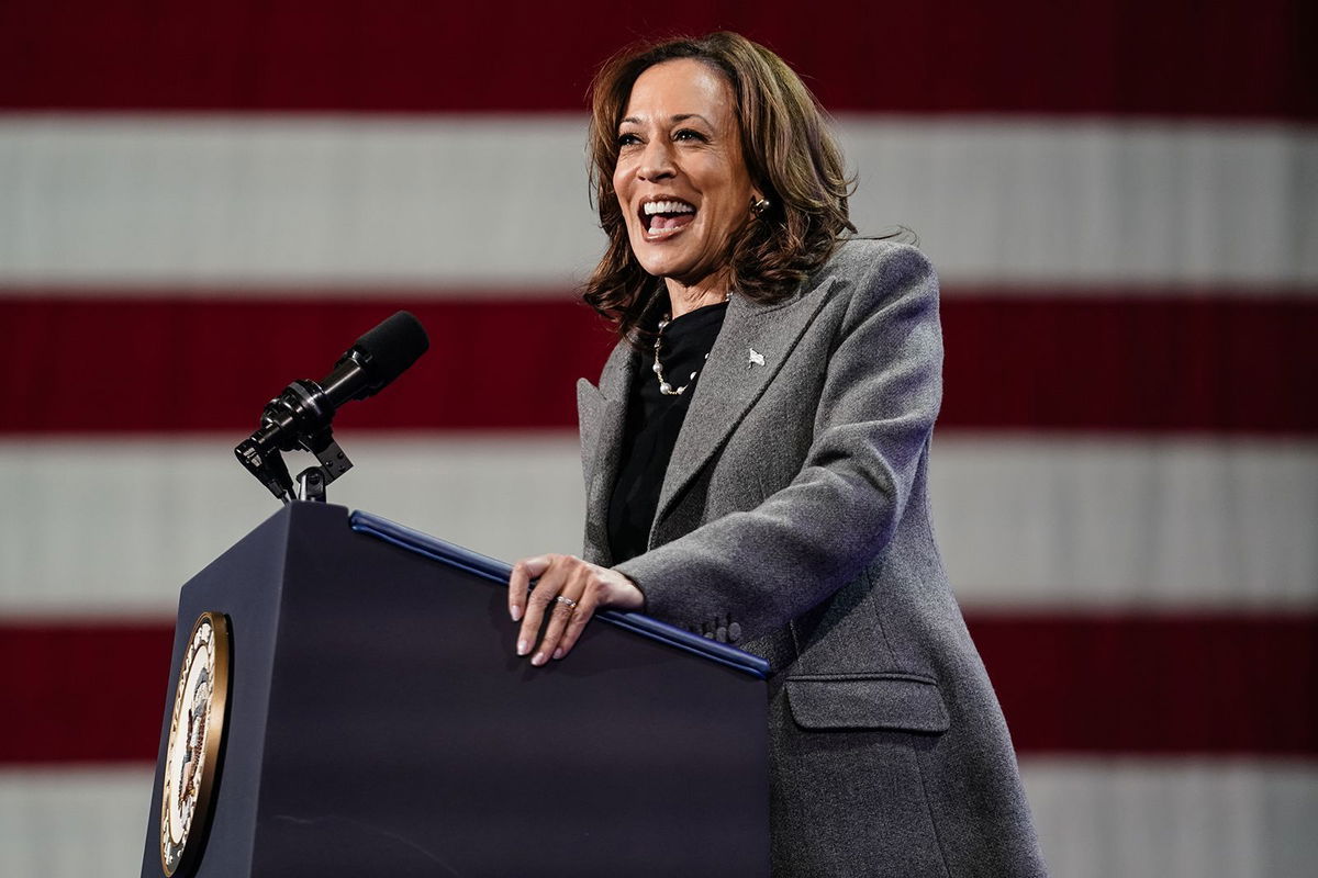 <i>Elijah Nouvelage/Getty Images via CNN Newsource</i><br/>Vice President and Democratic Presidential nominee Kamala Harris speaks at a campaign rally encouraging early voting on October 19