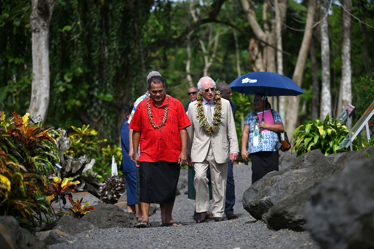 <i>Victoria Jones/Getty Images via CNN Newsource</i><br/>King Charles III formally opens The King's Garden on the grounds of the Robert Louis Stevenson Museum on October 25 in Apia