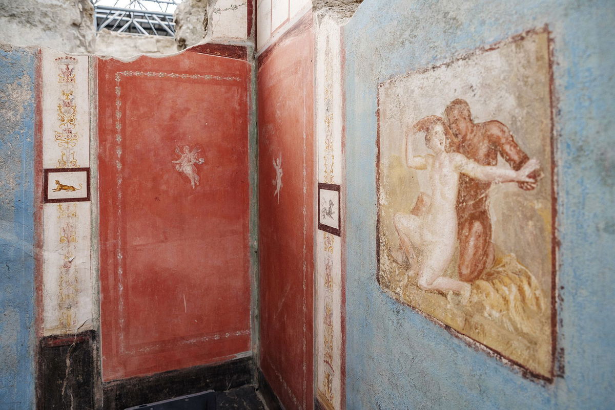 <i>Archaeological Park of Pompeii via CNN Newsource</i><br/>A tiny house adorned with elaborate - and sometimes erotic - frescoes has been uncovered in Pompeii.