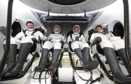 The SpaceX Crew-8 astronauts are seen inside the SpaceX Dragon Endeavour spacecraft onboard the SpaceX recovery ship MEGAN shortly after having landed in the Gulf of Mexico off the coast of Pensacola