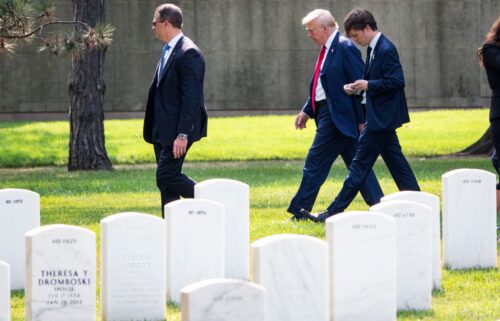 Former President Donald Trump leaves Section 60 of Arlington National Cemetery after he attended a ceremony honoring the lives of those who died at the Abbey Gate Bombing