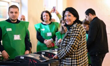 Georgian President Salome Zourabichvili votes at a polling station in Tbilisi on Saturday. Zourabichvili has condemned “deeply troubling incidents of violence unfolding at various polling stations” as the country votes in a crucial parliamentary election.