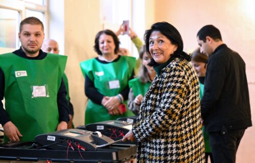 Georgian President Salome Zourabichvili votes at a polling station in Tbilisi on Saturday. Zourabichvili has condemned “deeply troubling incidents of violence unfolding at various polling stations” as the country votes in a crucial parliamentary election.