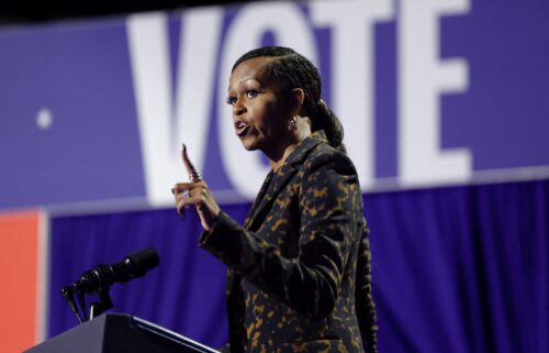 Former first lady Michelle Obama speaks at a campaign event for Vice President Harris in Kalamazoo