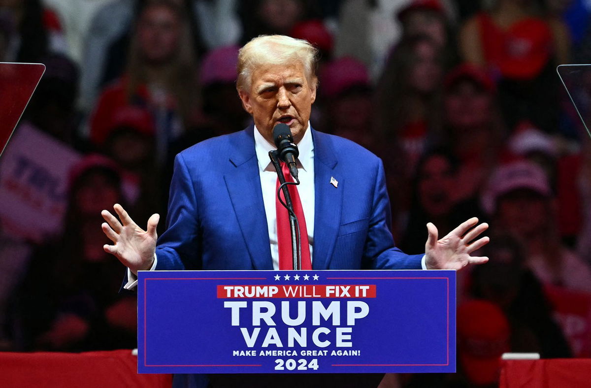 <i>Angela Weiss/AFP/Getty Images via CNN Newsource</i><br/>Former President Donald Trump speaks during a campaign rally at Madison Square Garden in New York on October 27.