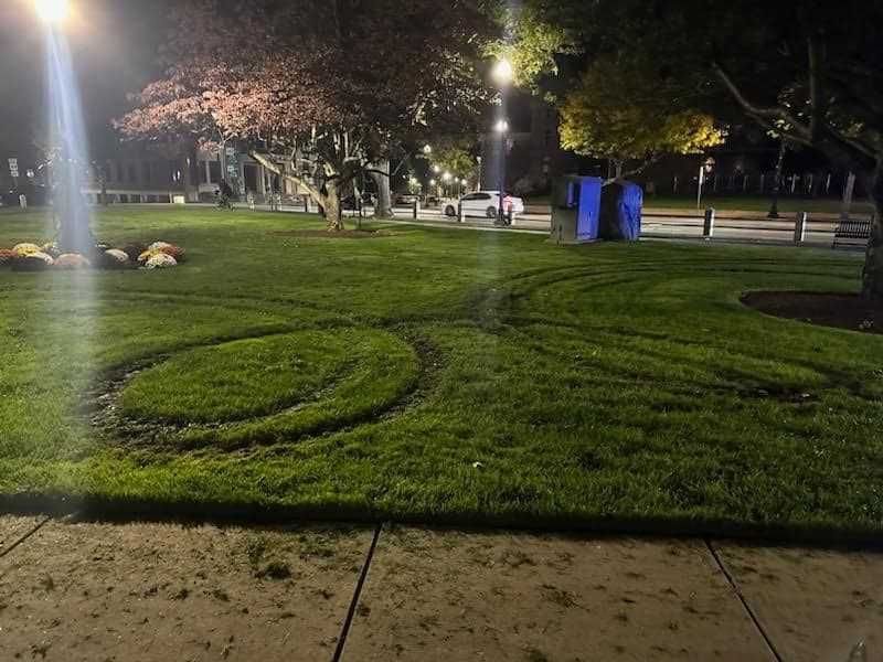 <i>WCVB/Taunton PD via CNN Newsource</i><br/>Riders on ATVs tore up the manicured lawn on the historic Taunton Green by doing donuts in multiple locations.