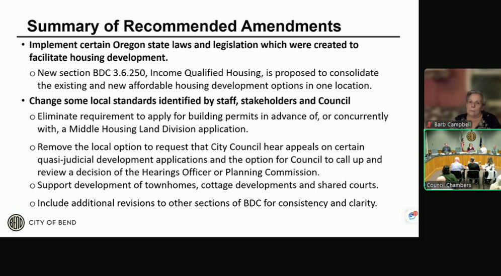 Bend city councilors got a staff briefing on reasons for development code changes at public hearing Wednesday night.