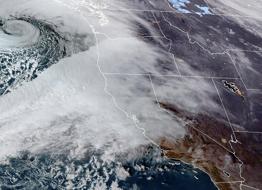 This Nov. 19, 2024 satellite image provided by the National Oceanic and Atmospheric Administration shows an atmospheric river moving in on Northern California and the Pacific Northwest. 