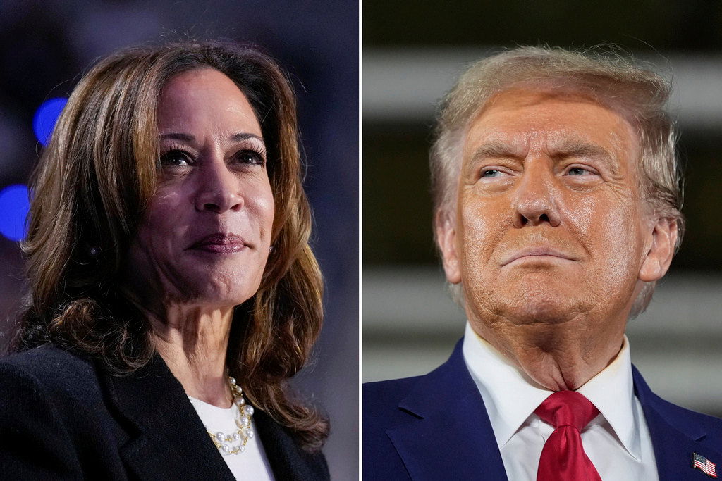 This combination of file photos shows Democratic presidential nominee Vice President Kamala Harris, left, speaking at a campaign rally in Charlotte, N.C., on Sept. 12, 2024, 2024, and Republican presidential nominee former President Donald Trump speaking a town hall campaign event in Warren, Mich., on Sept. 27, 2024. 