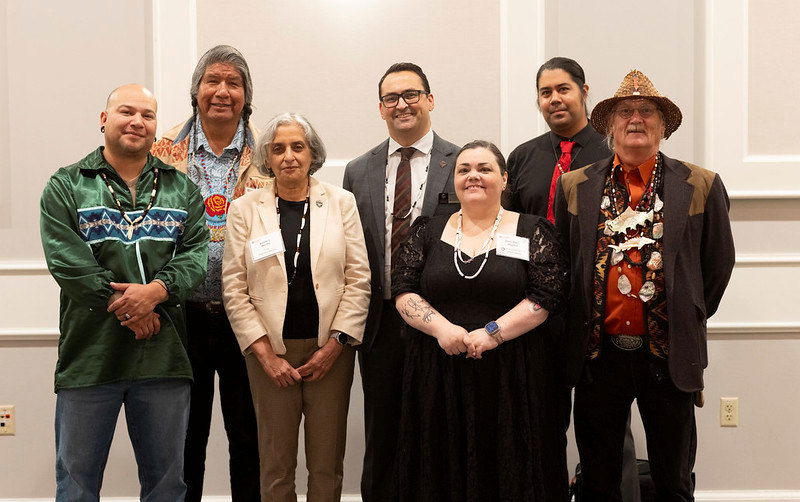 From left to right: Chief Jefferson Greene Jr., Wasco Chief, Confederated Tribes of Warm Springs; Wilson Wewa, Tribal Council, Confederated Tribes of Warm Springs; Jayathi Murthy, Oregon State University president; Scott Vignos, Oregon State vice president and chief diversity officer; Dawn Marie Alapisco, director of the Native American Graves Protection and Repatriation Act office at Oregon State; Chance White-Eyes, director of Tribal relations at Oregon State; Chief Doug Barrett, Confederated Tribes of Coos, Lower Umpqua and Siuslaw Indians.