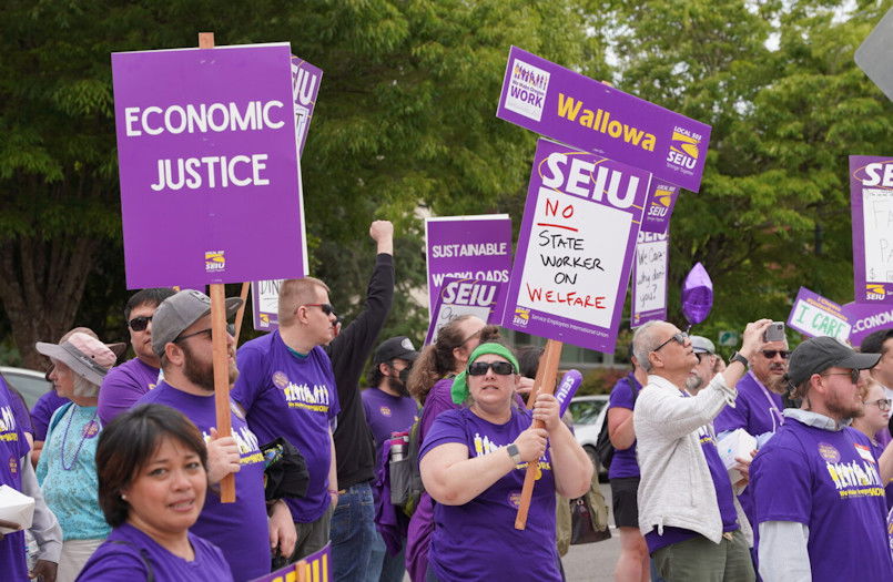 State employees represented by Service Employees International Union 503 rally at the Oregon Capitol on Thursday, June 8, 2023. The union is rejoining the AFL-CIO. 