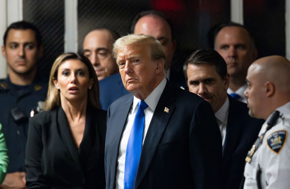 <i>Justin Lane/Pool/Getty Images via CNN Newsource</i><br/>Former President Donald Trump departs the courtroom after being found guilty on all 34 counts in his hush money trial at Manhattan Criminal Court in New York City on May 30.