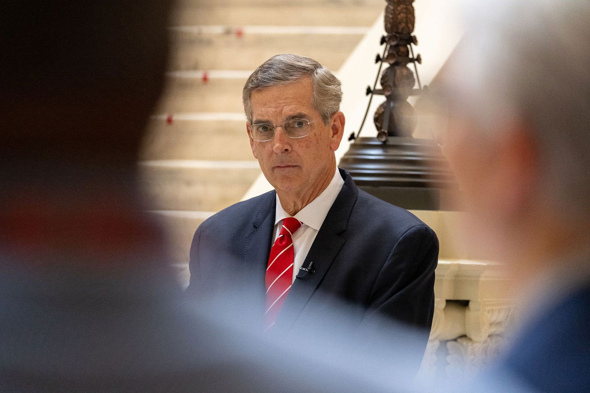 <i>Nathan Posner/Anadolu/Getty Images via CNN Newsource</i><br/>Georgia Secretary of State Brad Raffensperger is seen at a press conference providing an update on early voting in Atlanta