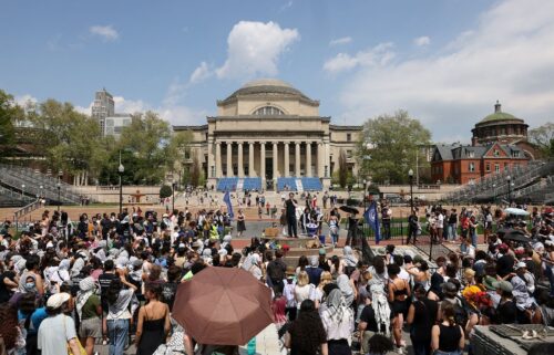 Students gather for a rally in support of a protest encampment on campus in support of Palestinians in New York City on April 29.